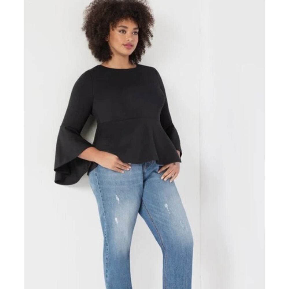 Eloquii Women's Size 16 Black‎ Peplum Blouse Flare Sleeve Top Work Dressy Top